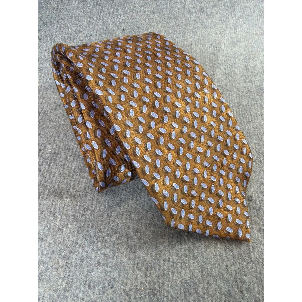Ermenegildo‎ Zegna Tie Mens Bronze Blue 100% Silk Geometric Oval Made in Italy